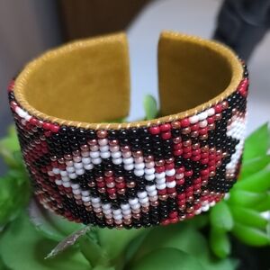 Handcrafted Guatemalan Bracelet With Suede Lining- Red, Black, White